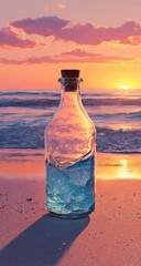 Glass bottle on beach at sunset