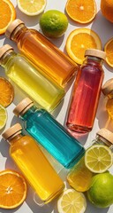 Colorful bottled drinks surrounded by citrus slices