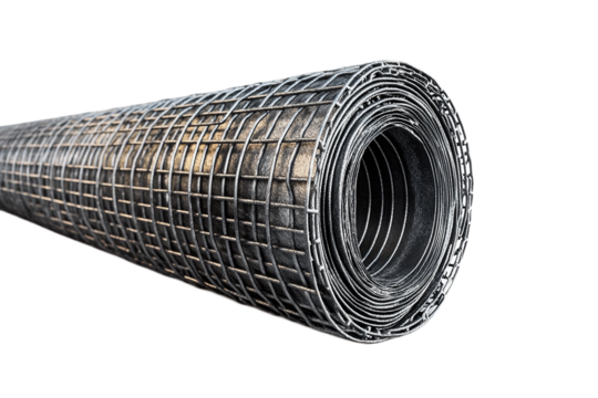 Roll of galvanized welded wire mesh, fencing material on transparent background