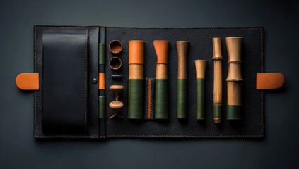 Black leather case holds various bamboo and wood accessories