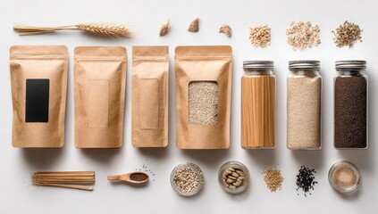 Flat lay of various whole grains and foods in kraft paper bags and glass jars