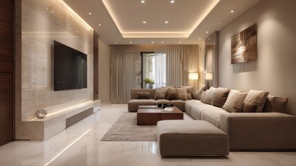 Fototapeta premium Modern living room with beige sectional sofa, marble flooring, and recessed lighting; a large TV is mounted on a marble wall