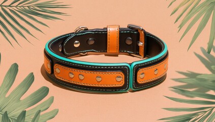 Stylish dog collar, tan/black/turquoise, leather/metal accents