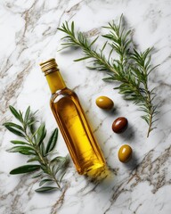 Olive oil bottle, rosemary sprigs, and olives on marble