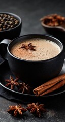 Dark mug of spiced hot drink, garnished with star anise and cinnamon, surrounded by warming spices