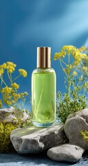 Light-green perfume bottle on rocks, surrounded by yellow flowers against a teal background