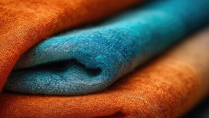 Close-up of folded, vibrant orange and teal fabrics