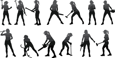 Silhouettes of women using construction tools, working, hammering, cutting, holding equipment, strong female workers, labor, DIY, power tools, builders