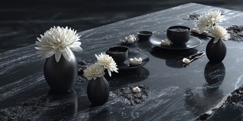 Dark, elegant table setting with white flowers and black vases