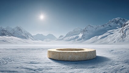 A light beige hockey puck rests on a snow-covered landscape, vast mountains in the background