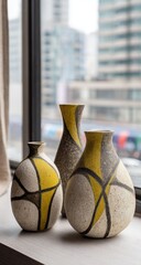 Three small, decorative ceramic vases in varying shapes and colors sit on a windowsill, showcasing a muted color palette of cream, grey, and yellow with black lines. City view beyond
