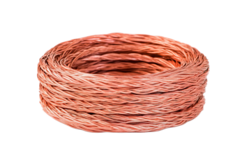 A coil of shiny bare bright copper wire material on transparent background