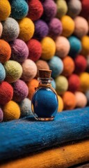 Small blue glass jar with colorful wool balls