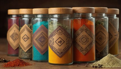 Colorful spice jars with ethnic labels