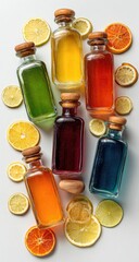 Colorful glass bottles filled with vibrant juices, surrounded by citrus slices on a white background