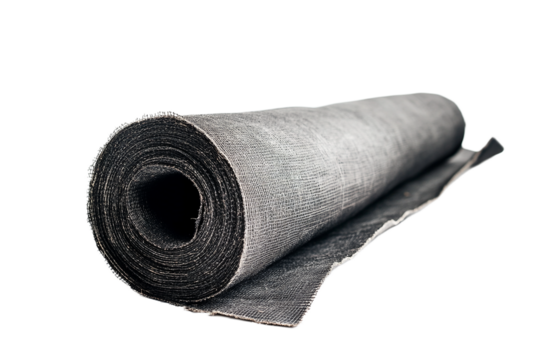 Roll of grey geotextile fabric material lying down on transparent background