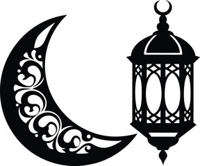 Ornate Crescent Moon and Islamic Lantern Silhouette Vector Illustration