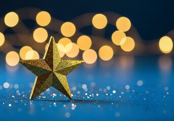 golden christmas background with stars, Golden star award sits on dark blue surface, sparkling with bokeh lights, confetti. Represents first place victory in computer games, top performance, employee 
