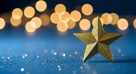 golden christmas background with stars, Golden star award sits on dark blue surface, sparkling with bokeh lights, confetti. Represents first place victory in computer games, top performance, employee 