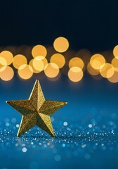 christmas star on a dark background, Golden star award sits on dark blue surface, sparkling with bokeh lights, confetti. Represents first place victory in computer games, top performance, employee ach
