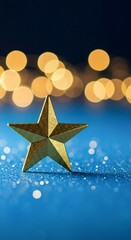 gold star on blue background, Golden star award sits on dark blue surface, sparkling with bokeh lights, confetti. Represents first place victory in computer games, top performance, employee achievemen