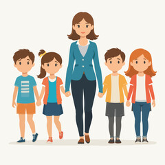 Obraz premium A caring female teacher holding hands with a group of four young elementary school children.