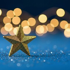gold christmas background, Golden star award sits on dark blue surface, sparkling with bokeh lights, confetti. Represents first place victory in computer games, top performance, employee achievement. 