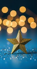 golden christmas star on red background, Golden star award sits on dark blue surface, sparkling with bokeh lights, confetti. Represents first place victory in computer games, top performance, employee