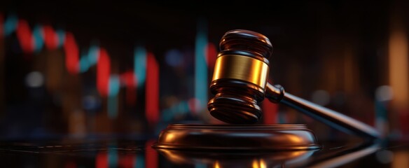 The gavel on a reflective surface with financial indicators in the background.