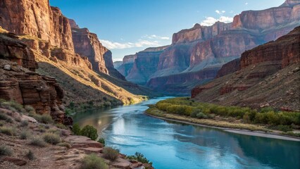 Grand Canyon National Park, Arizona, offers a breathtaking panorama of vast rock formations, a winding river, and a majestic sky, inviting summer hiking and unforgettable travel