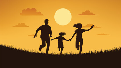Family Silhouette Running at Sunset in Meadow