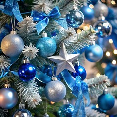 Christmas tree decorations with colorful ornaments on blue background festive holiday celebration