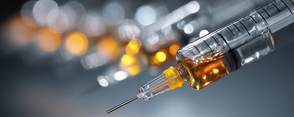 Syringes filled with colorful liquid lined up on a medical table in a clinical setting during day time
