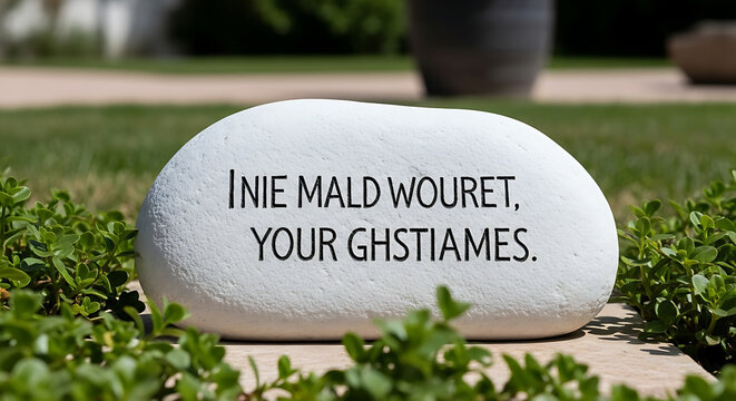 A white stone with the inscription inie mald wouret your ghstiames on a garden with green plants ai generated