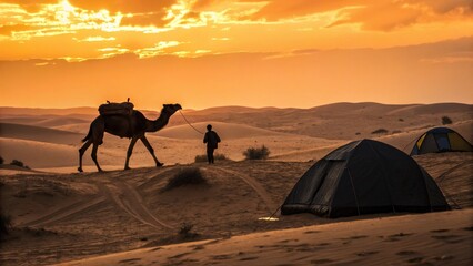 A breathtaking desert landscape at sunset, featuring a caravan of camels traversing the golden sand dunes of the Sahara