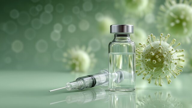 Realistic vaccine vial and needle in clinical virus protection design scene
