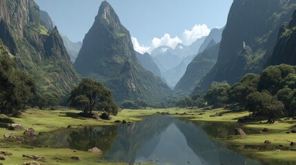 Scenic valley nestled between towering peaks.