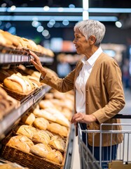 Elderly Woman Buying Fresh Bread in Supermarket– Traditional Loaves, Rolls & Warm Shopping Experience