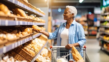 Elderly Woman Buying Fresh Bread in Supermarket– Traditional Loaves, Rolls & Warm Shopping Experience