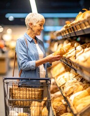 Elderly Woman Buying Fresh Bread in Supermarket– Traditional Loaves, Rolls & Warm Shopping Experience