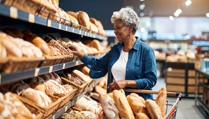 Elderly Woman Buying Fresh Bread in Supermarket– Traditional Loaves, Rolls & Warm Shopping Experience