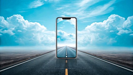 Creative concept of smartphone on empty highway with sky and clouds

