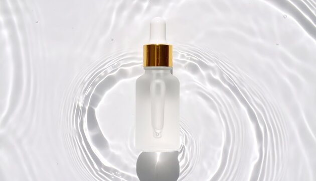 Frosted glass serum bottle with gold accent on rippled water background - Powered by Adobe