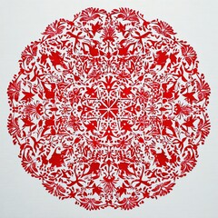 Beautifully symmetrical paper-cut mandala in traditional Chinese folk art style, featuring delicate floral and animal motifs in vibrant red against a pure white background.