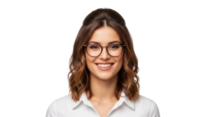 Young confident woman with glasses smiling isolated on transparent background