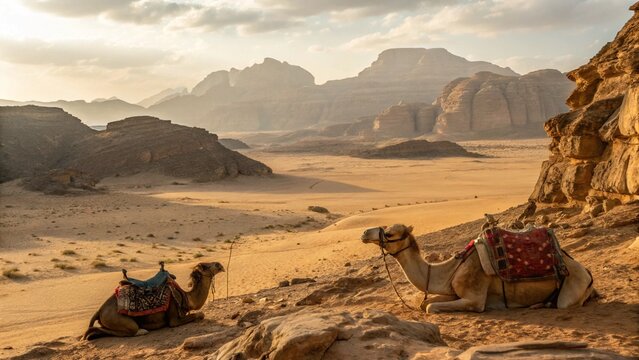 Camels traverse the vast, dry desert landscape under a clear sky, with rolling sand dunes and distant mountains hinting at ancient tourism and the enduring beauty of nature