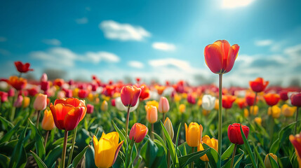 Obraz premium Vibrant field of red and yellow tulips under a sunny blue sky