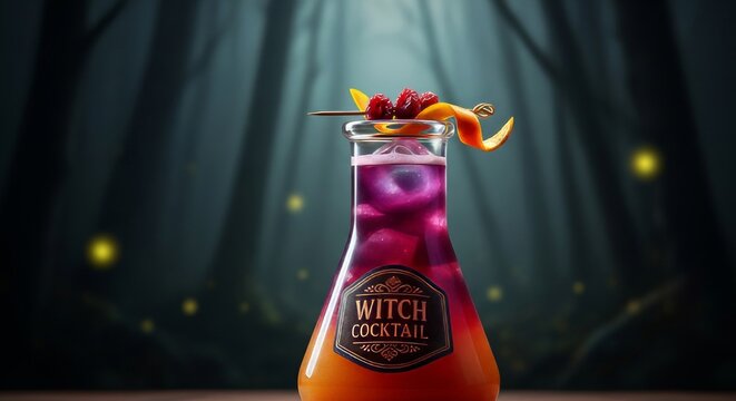 A colorful Halloween cocktail in a glass flask. The drink features purple and orange layers, garnished with a slice of orange and raspberries. A spooky forest background adds to the atmosphere.