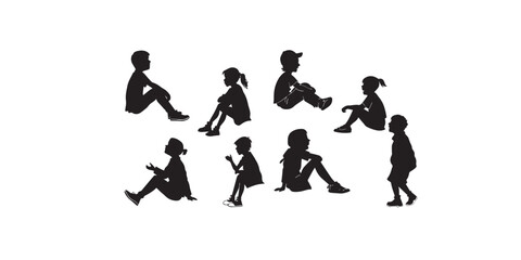 Print   Kids sitting silhouettes vector black and white illustration. Children seated in various poses from side view.