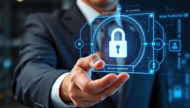 Businessman presenting digital data security system with padlock icon symbol - Powered by Adobe
